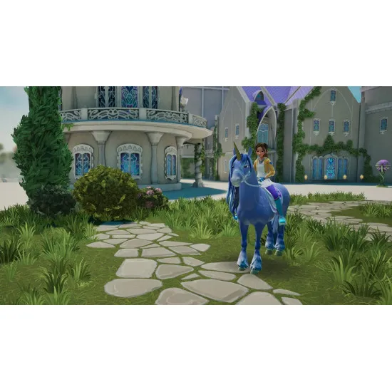 A PlayStation 5 game case showing a customisable student rider and a majestic white unicorn with a glowing purple horn standing before a grand magical castle school
