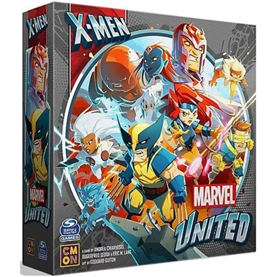 Box art for Marvel United X-Men showing stylized miniatures of Wolverine, Storm, and Professor X