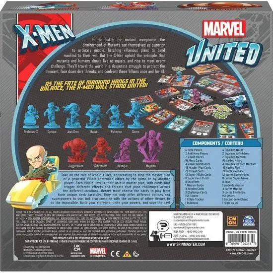 Box art for Marvel United X-Men showing stylized miniatures of Wolverine, Storm, and Professor X