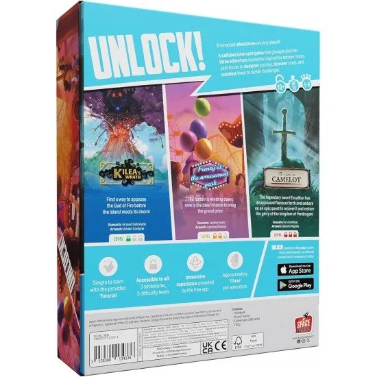 Three distinct adventure covers featuring a tropical volcano, a vibrant fairground, and a misty Arthurian castle