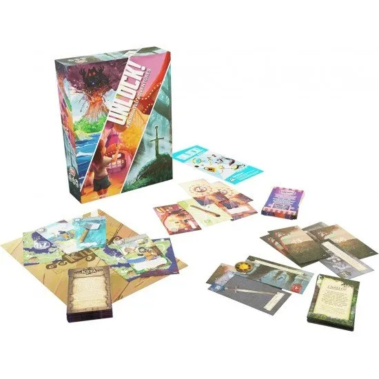 Three distinct adventure covers featuring a tropical volcano, a vibrant fairground, and a misty Arthurian castle