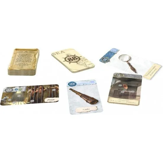 Unlock Mystery Adventures board game box showing artwork for a haunted house, a submarine, and a pirate island