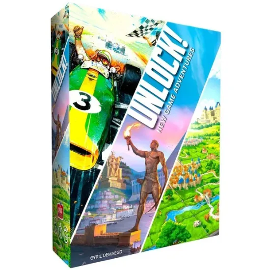 Unlock New Game Adventures escape room card game box featuring Heat Carcassonne and 7 Wonders board game universe scenario artwork