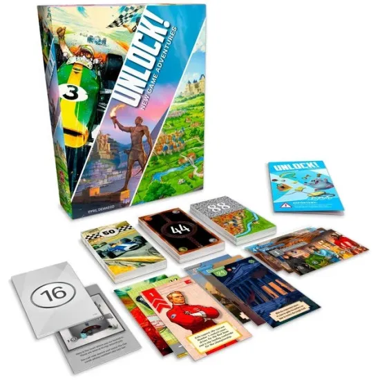 Unlock New Game Adventures escape room card game box featuring Heat Carcassonne and 7 Wonders board game universe scenario artwork