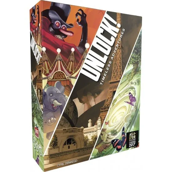 Unlock! - Timeless Adventures game box showing the three scenario themes (Noside Show, Arsène Lupin, ChronoWarp)