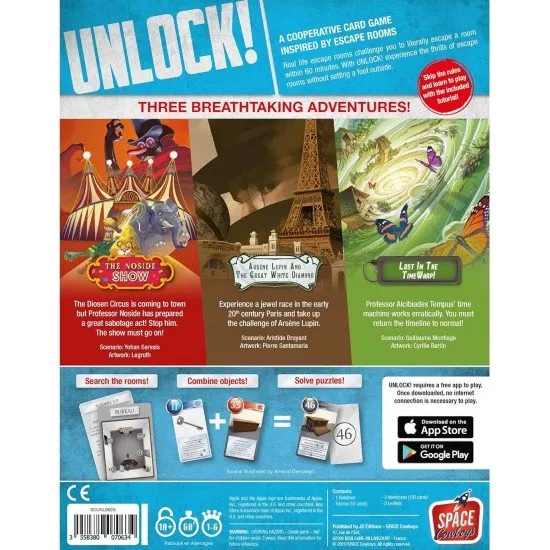 Unlock! - Timeless Adventures game box showing the three scenario themes (Noside Show, Arsène Lupin, ChronoWarp)