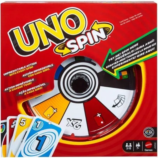 A circular UNO themed spinner surrounded by classic UNO cards featuring special spin symbols