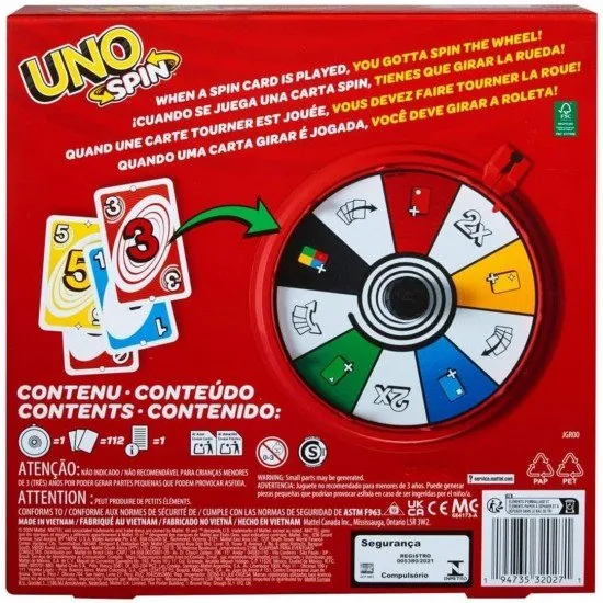 A circular UNO themed spinner surrounded by classic UNO cards featuring special spin symbols