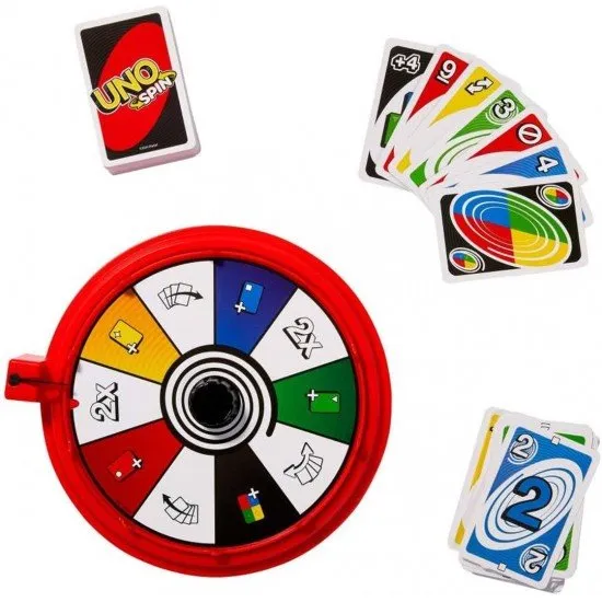 A circular UNO themed spinner surrounded by classic UNO cards featuring special spin symbols