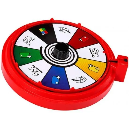 A circular UNO themed spinner surrounded by classic UNO cards featuring special spin symbols