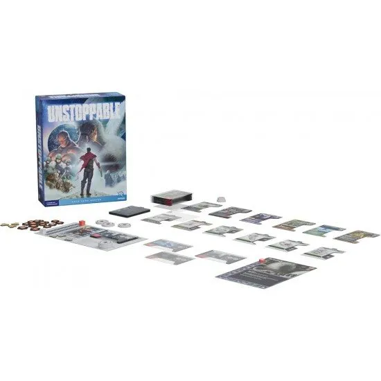 The box art for the Unstoppable card game, showing a lone hero standing against a futuristic, dangerous landscape.