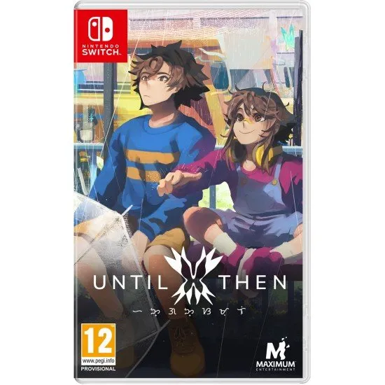 The box art for the game Until Then on Nintendo Switch, showing a pixel art scene of a boy riding a bus in a colorful, rain-soaked city.
