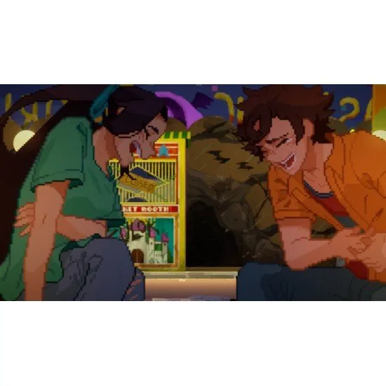 The box art for the game Until Then on Nintendo Switch, showing a pixel art scene of a boy riding a bus in a colorful, rain-soaked city.