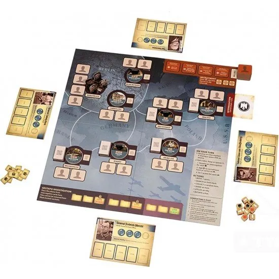 Conspirators gathered around a wooden table covered in maps, explosive components, and Gestapo dossiers