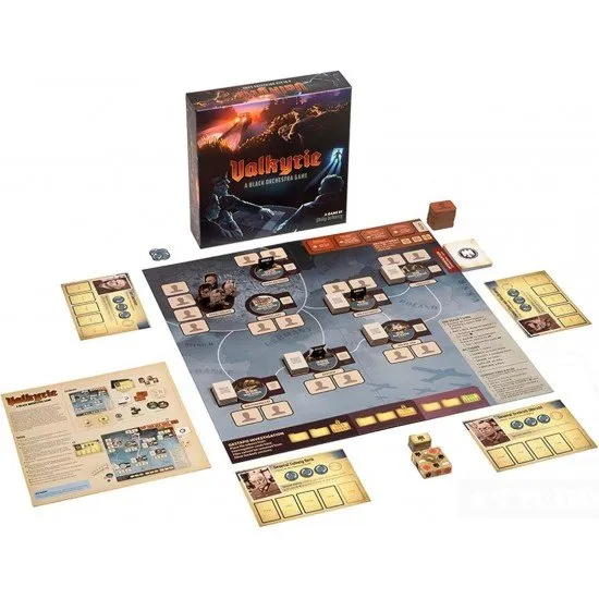 Conspirators gathered around a wooden table covered in maps, explosive components, and Gestapo dossiers