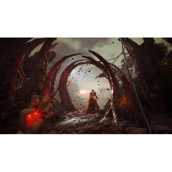 A PlayStation 5 game case depicting a first-person perspective holding a supernatural flintlock pistol and a glowing blade facing a horde of grotesque plague-ridden monsters