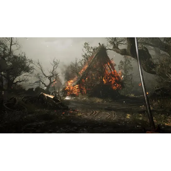 A PlayStation 5 game case depicting a first-person perspective holding a supernatural flintlock pistol and a glowing blade facing a horde of grotesque plague-ridden monsters