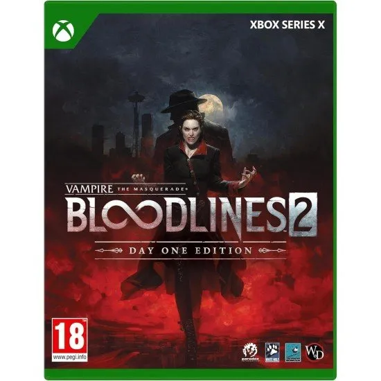 Vampire Bloodlines 2 Xbox Series X The box art for Vampire: The Masquerade - Bloodlines 2 on Xbox Series X, showing a vampire character in a dark, city alleyway with a blood-red glow.