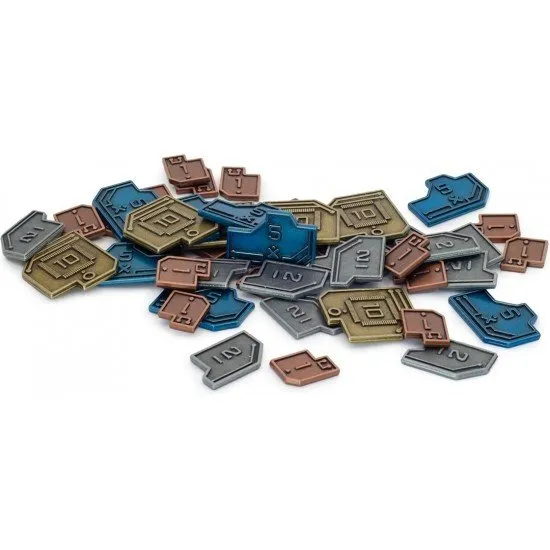 Vantage Metal Coins 45 Count Stonemaier Games Accessory Vantage Metal Coins displayed in four piles showing the gold (£10), metallic blue (£5), silver (£2), and copper (£1) designs