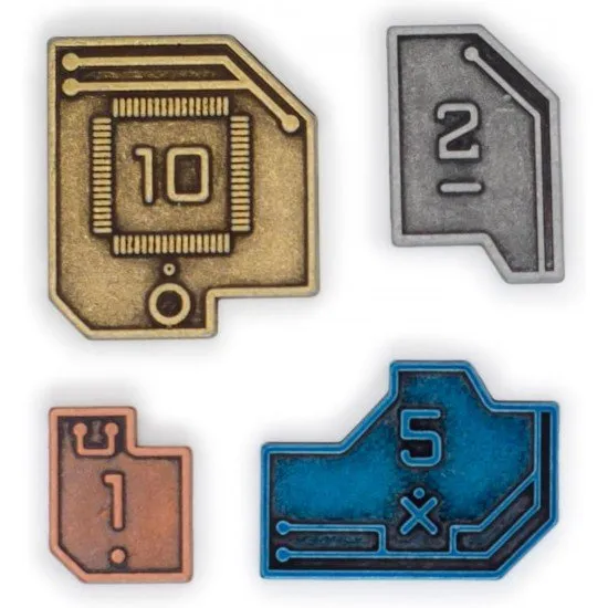 Vantage Metal Coins 45 Count Stonemaier Games Accessory Vantage Metal Coins displayed in four piles showing the gold (£10), metallic blue (£5), silver (£2), and copper (£1) designs