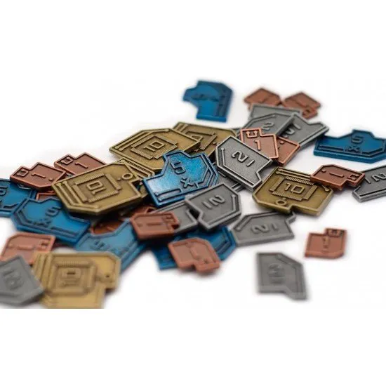Vantage Metal Coins 45 Count Stonemaier Games Accessory Vantage Metal Coins displayed in four piles showing the gold (£10), metallic blue (£5), silver (£2), and copper (£1) designs