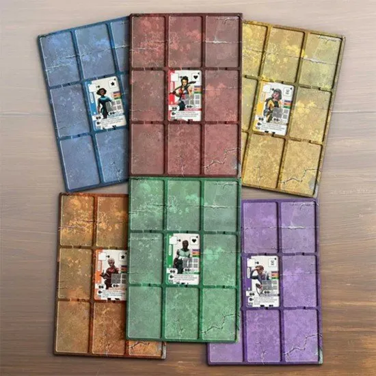 A pack of 6 dual-layered Vantage Player Mats from Stonemaier Games, designed to hold a 3x3 grid of cards and prevent them from shifting.