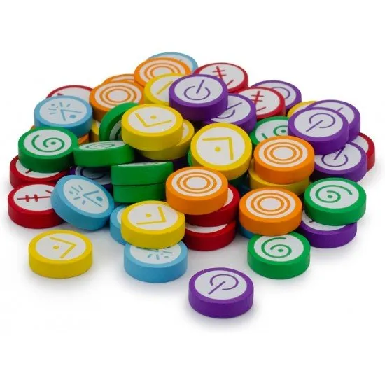 Set of colourful screen-printed wooden skill tokens for the board game Vantage