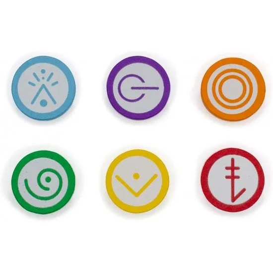 Set of colourful screen-printed wooden skill tokens for the board game Vantage