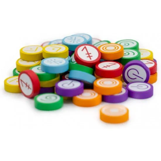 Set of colourful screen-printed wooden skill tokens for the board game Vantage