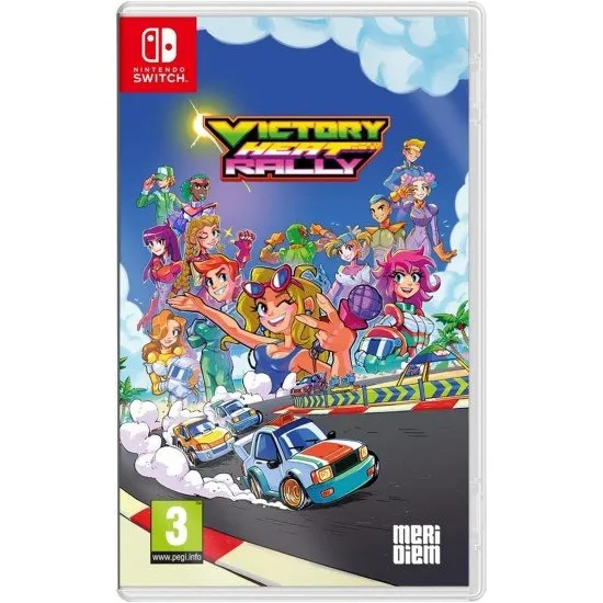 Victory Heat Rally Champion Edition video game cover art showing pixel art race cars drifting and featuring the included Poster and Keychain
