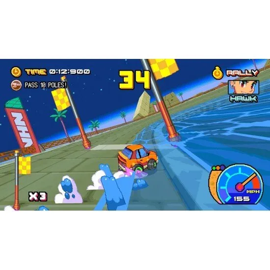 Victory Heat Rally Champion Edition video game cover art showing pixel art race cars drifting and featuring the included Poster and Keychain