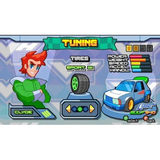 Victory Heat Rally Champion Edition video game cover art showing pixel art race cars drifting and featuring the included Poster and Keychain