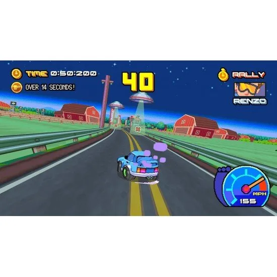 Victory Heat Rally Champion Edition video game cover art showing pixel art race cars drifting and featuring the included Poster and Keychain