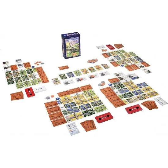 Colourful square cards depicting green fields, railway tracks, and steam trains alongside character scoring cards