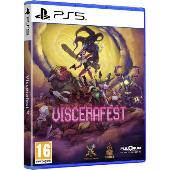 PlayStation 5 game case for Viscerafest showing a mercenary blasting through cosmic horrors in a colorful arena