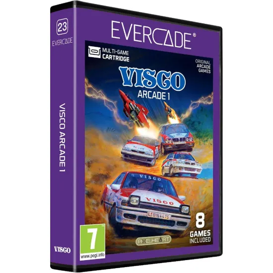An Evercade physical cartridge case showing colourful pixel art spaceships and retro sports players against a bold arcade-themed background layout