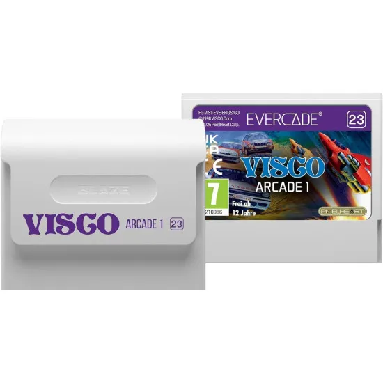 An Evercade physical cartridge case showing colourful pixel art spaceships and retro sports players against a bold arcade-themed background layout