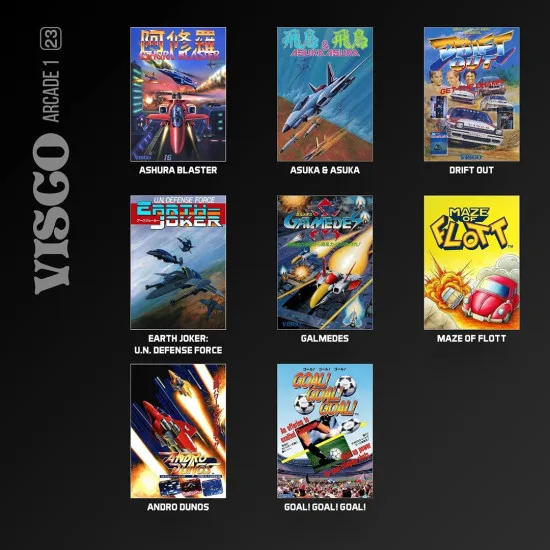 An Evercade physical cartridge case showing colourful pixel art spaceships and retro sports players against a bold arcade-themed background layout