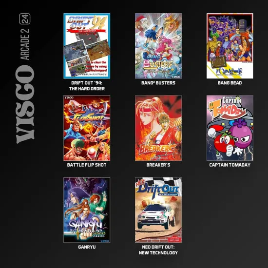 An Evercade physical cartridge case featuring vibrant fighting game characters and speeding rally cars from retro Japanese arcade titles