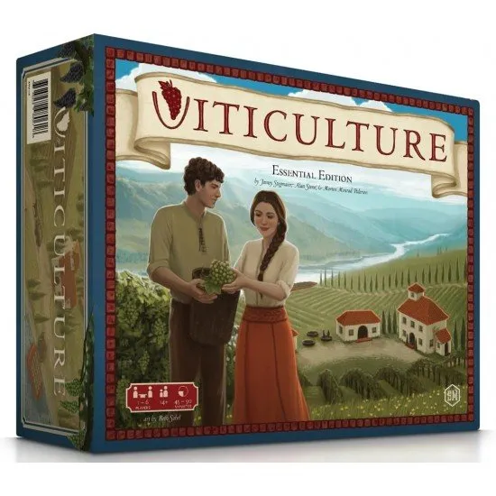 A scenic game board depicting a sun-drenched Italian estate with wooden worker meeples and glass grape tokens