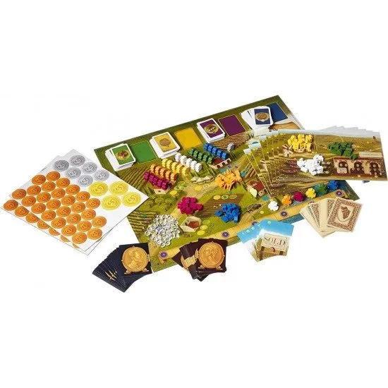 A scenic game board depicting a sun-drenched Italian estate with wooden worker meeples and glass grape tokens