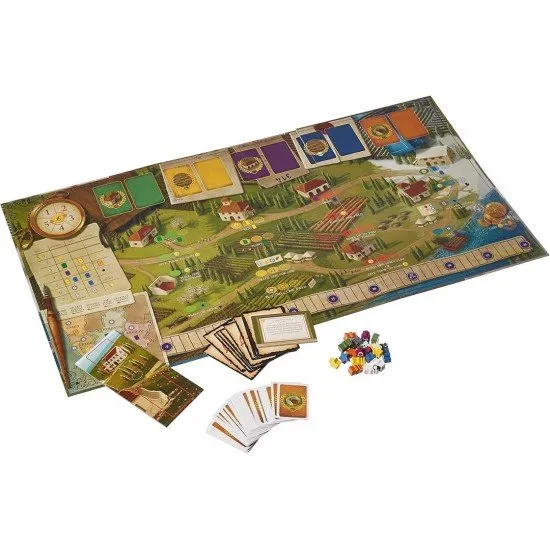 An expanded game board depicting a scenic vineyard with new seasonal sections and special worker wooden meeples