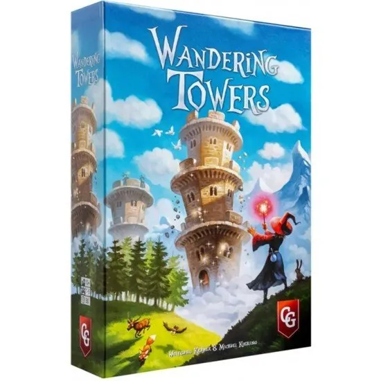 Wandering Towers board game box showing wizards and tall towers on a magical landscape