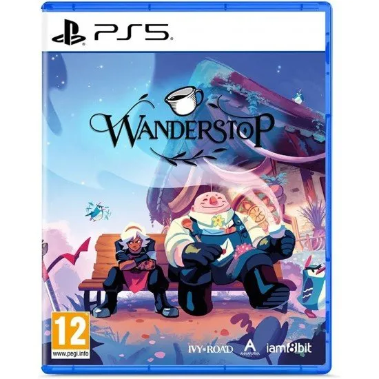 A PlayStation 5 game case showcasing a detailed fantasy landscape with a cozy wooden tea shop surrounded by glowing magical trees and traveler silhouettes