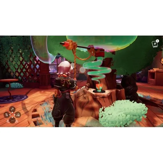 A PlayStation 5 game case showcasing a detailed fantasy landscape with a cozy wooden tea shop surrounded by glowing magical trees and traveler silhouettes