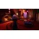 A PlayStation 5 game case showcasing a detailed fantasy landscape with a cozy wooden tea shop surrounded by glowing magical trees and traveler silhouettes