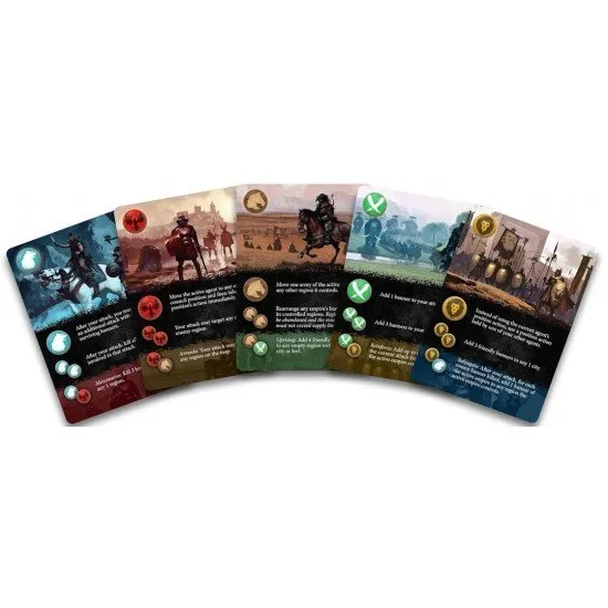 A circular world map board featuring high-quality plastic miniatures of various empire banners