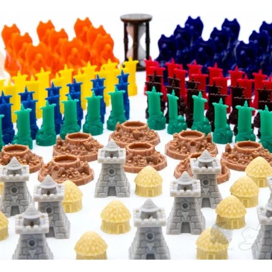 A circular world map board featuring high-quality plastic miniatures of various empire banners