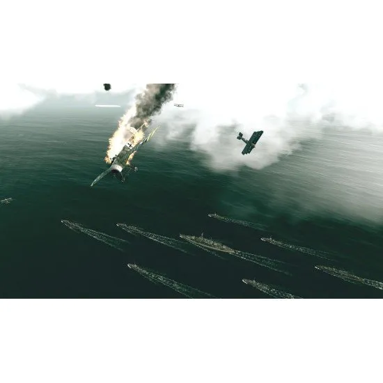 A classic biplane and a sleek WWII fighter flying through clouds over a rural landscape