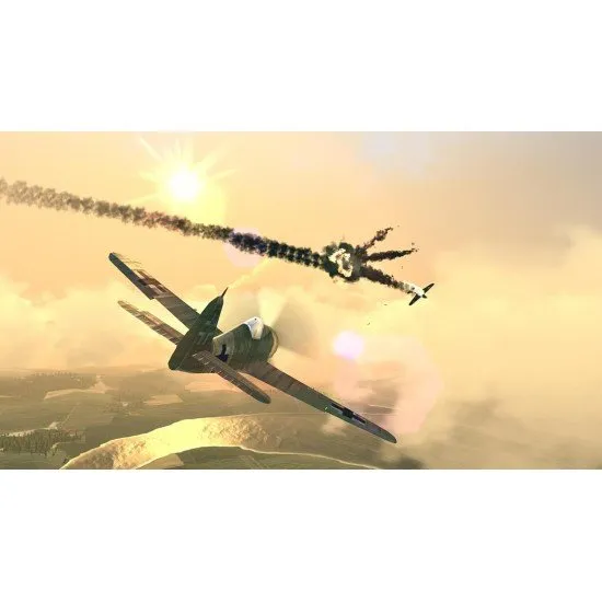 A classic biplane and a sleek WWII fighter flying through clouds over a rural landscape
